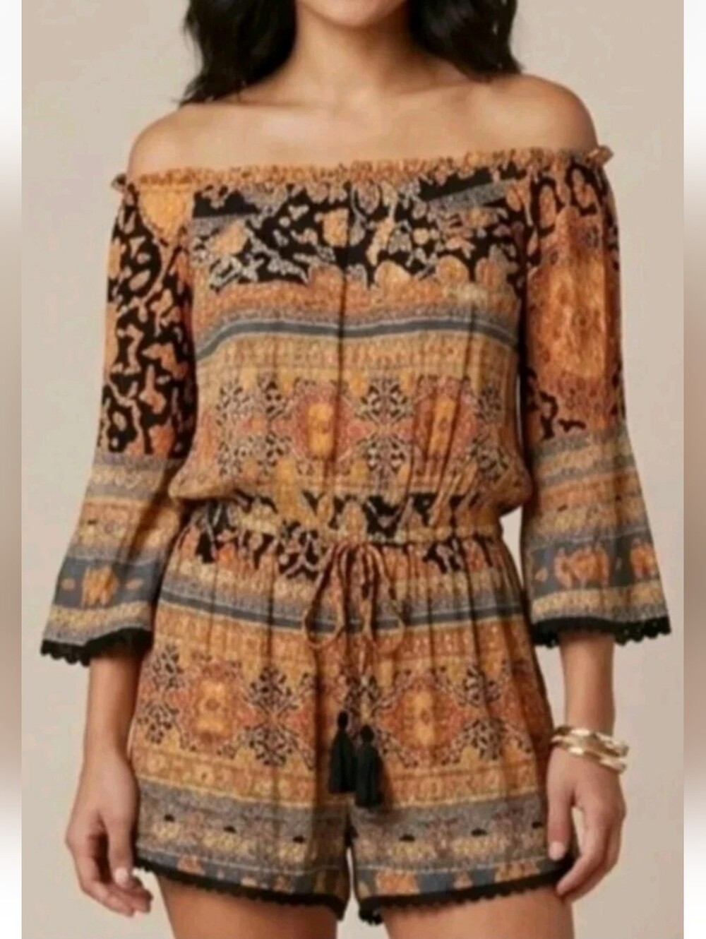 Vintage Y2k Angie Romper Black Orange Paisley Boho Festival Off Shoulder Fairy L